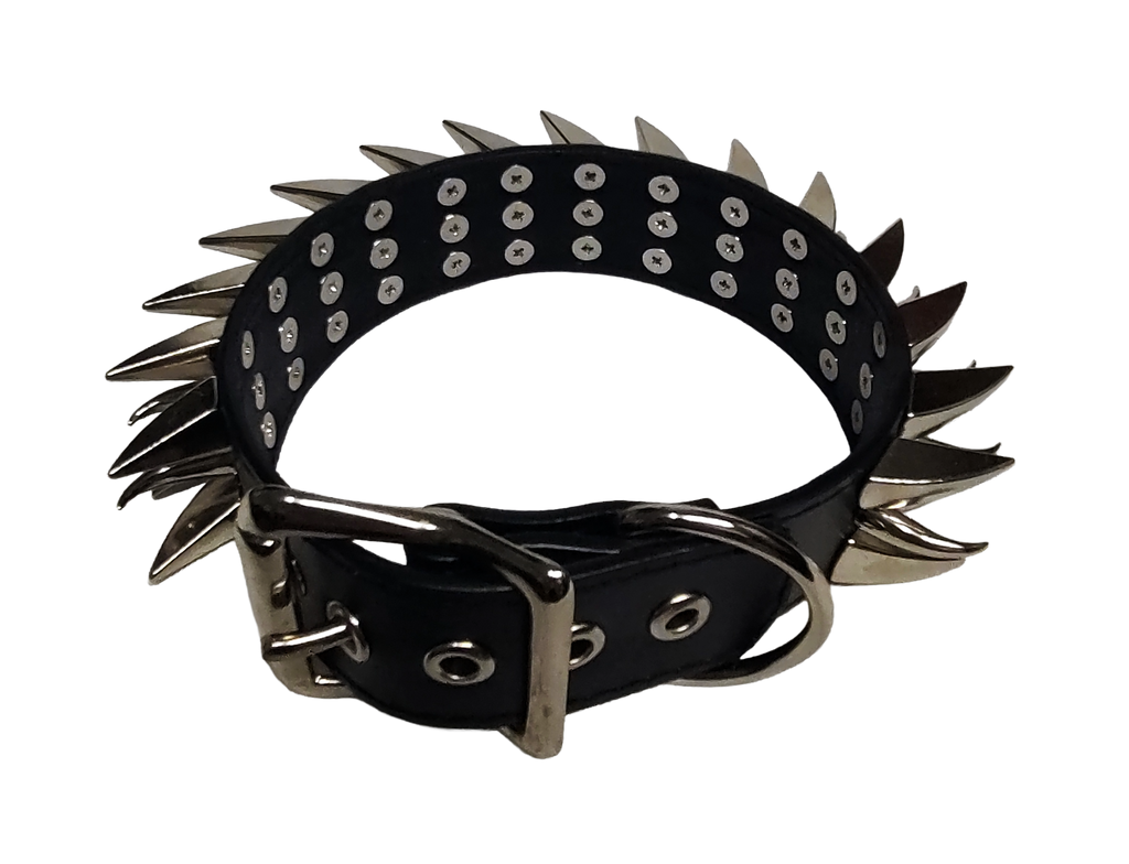 Black faux leather collar with two outer rows of dragon claw spikes and center row of cat claw spikes back top view