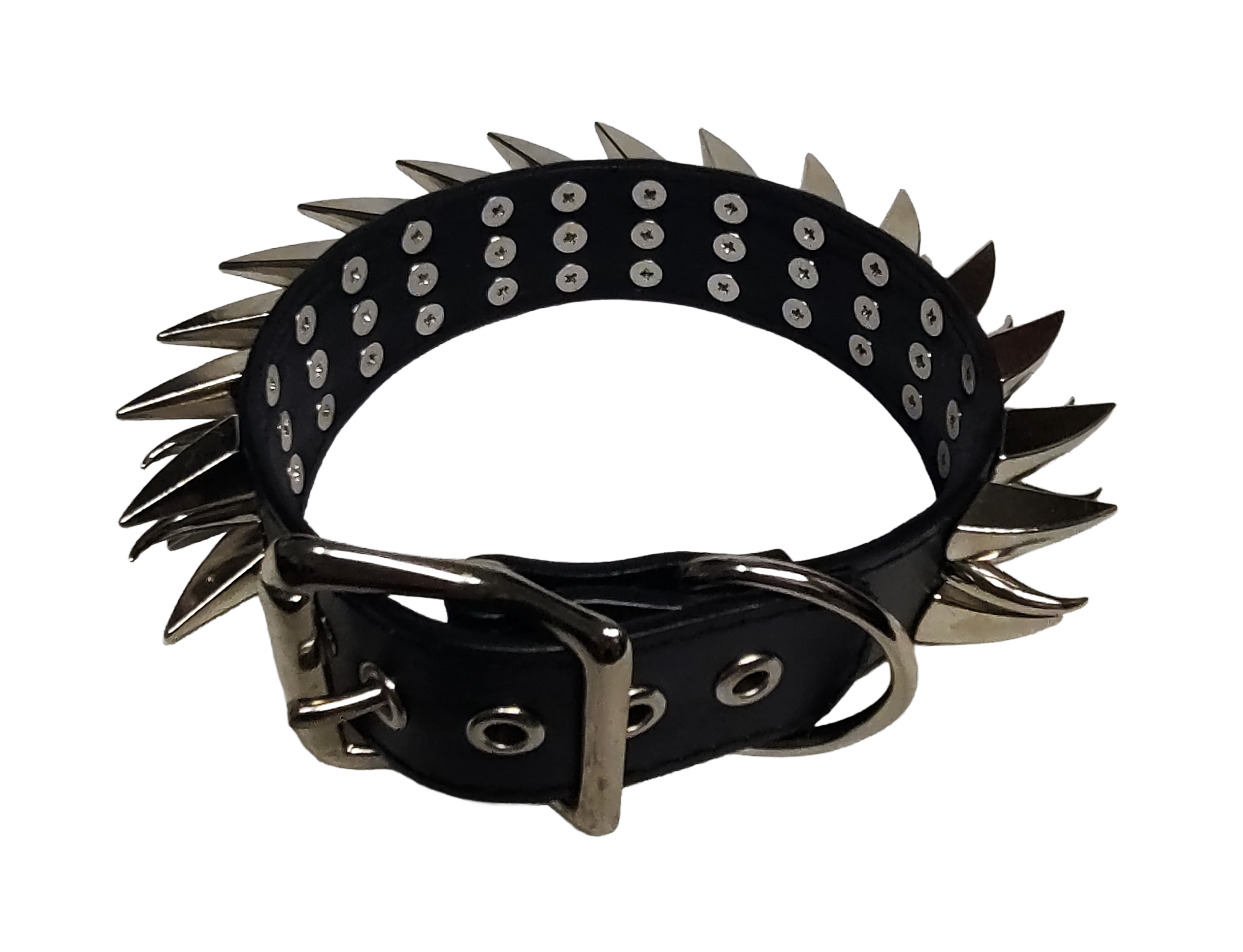 Black faux leather collar with two outer rows of dragon claw spikes and center row of cat claw spikes back top view