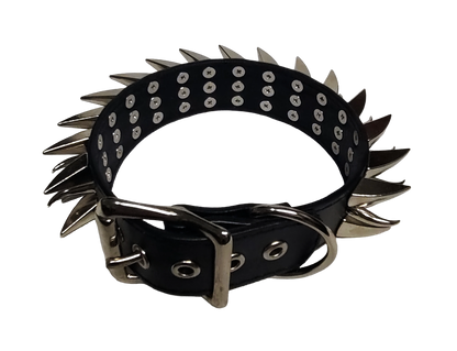 Black faux leather collar with two outer rows of dragon claw spikes and center row of cat claw spikes back top view