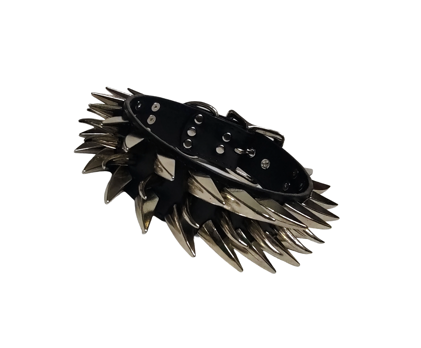 Black faux leather collar with two outer rows of dragon claw spikes and center row of cat claw spikes front view