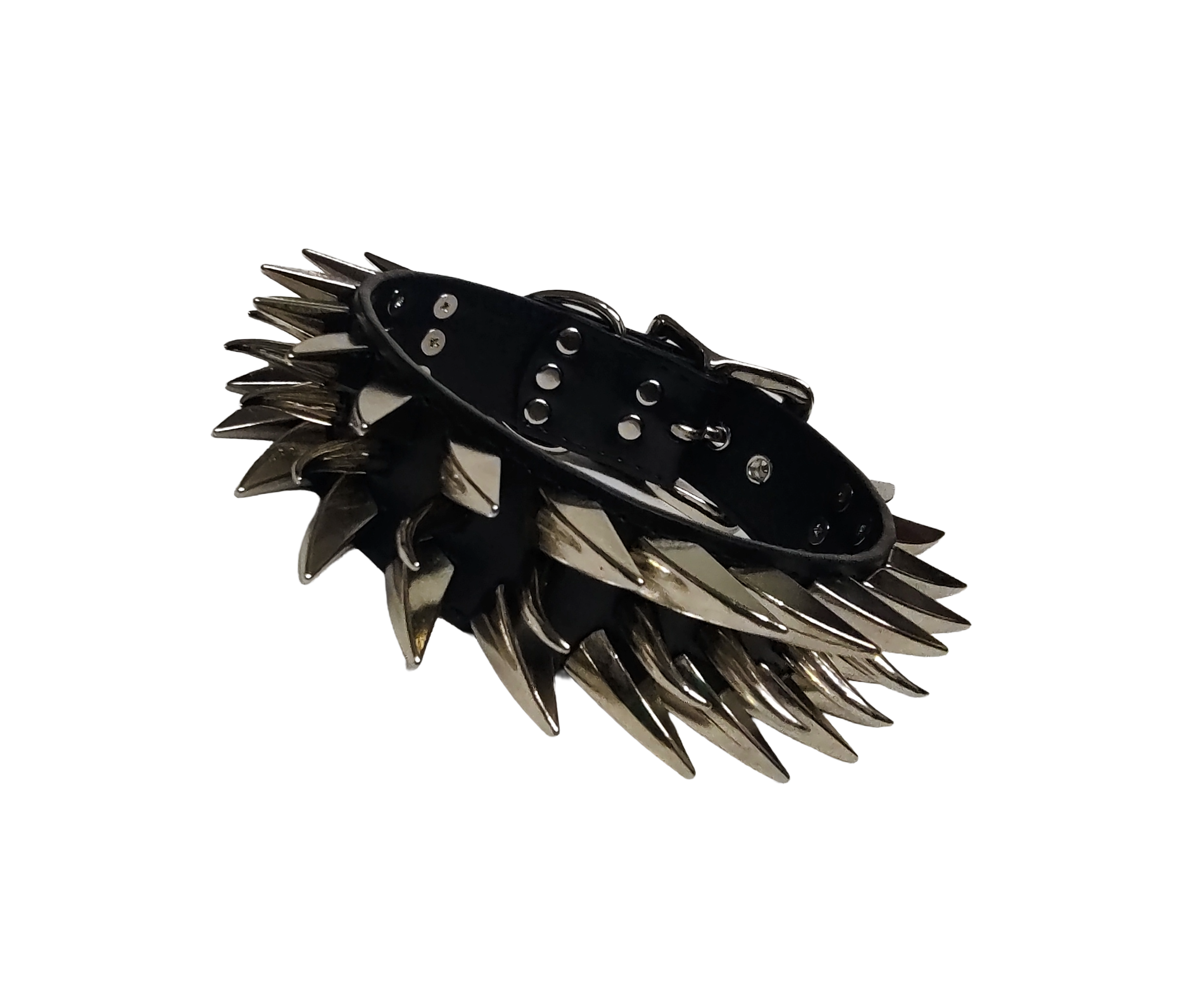 Black faux leather collar with two outer rows of dragon claw spikes and center row of cat claw spikes front view