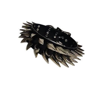 Black faux leather collar with two outer rows of dragon claw spikes and center row of cat claw spikes front view
