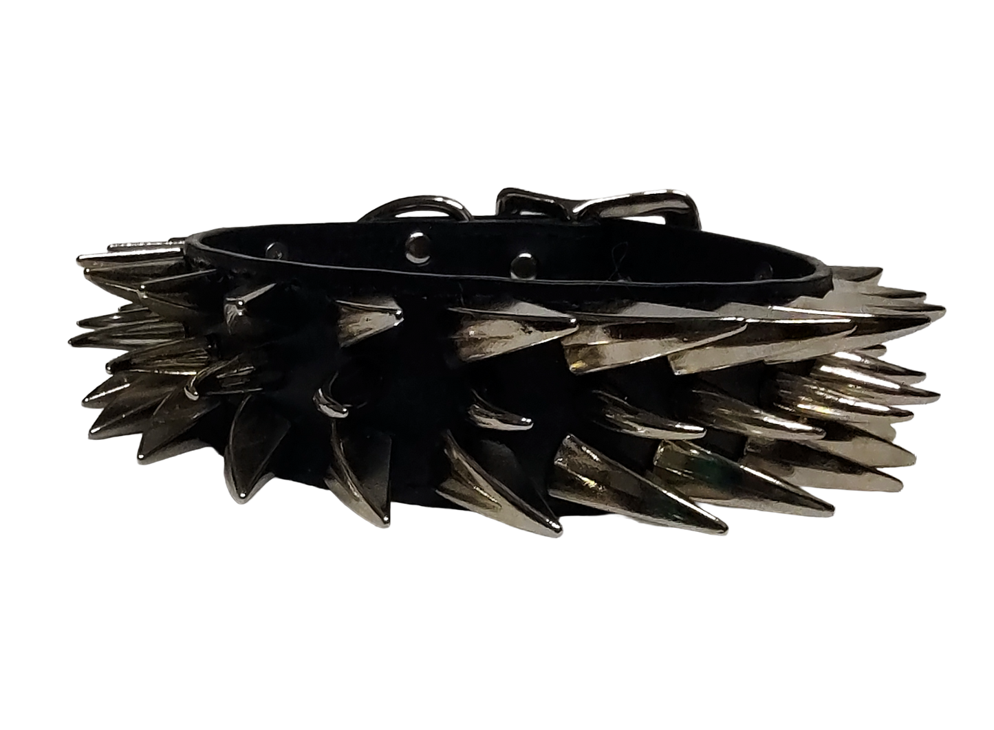 Black faux leather collar with two outer rows of dragon claw spikes and center row of cat claw spikes front center view