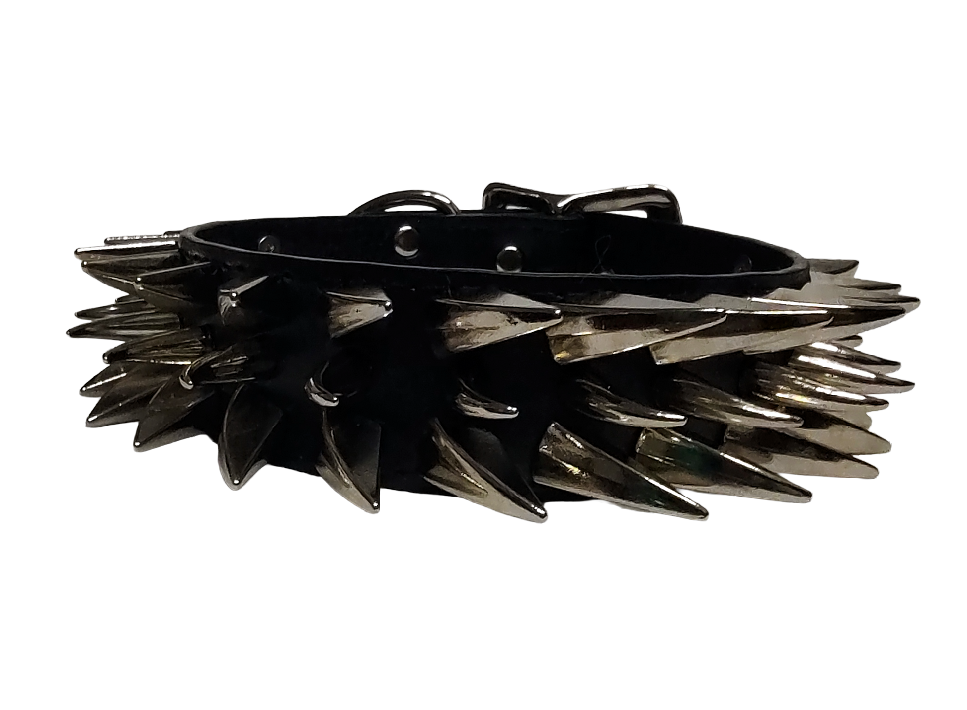 Black faux leather collar with two outer rows of dragon claw spikes and center row of cat claw spikes front center view