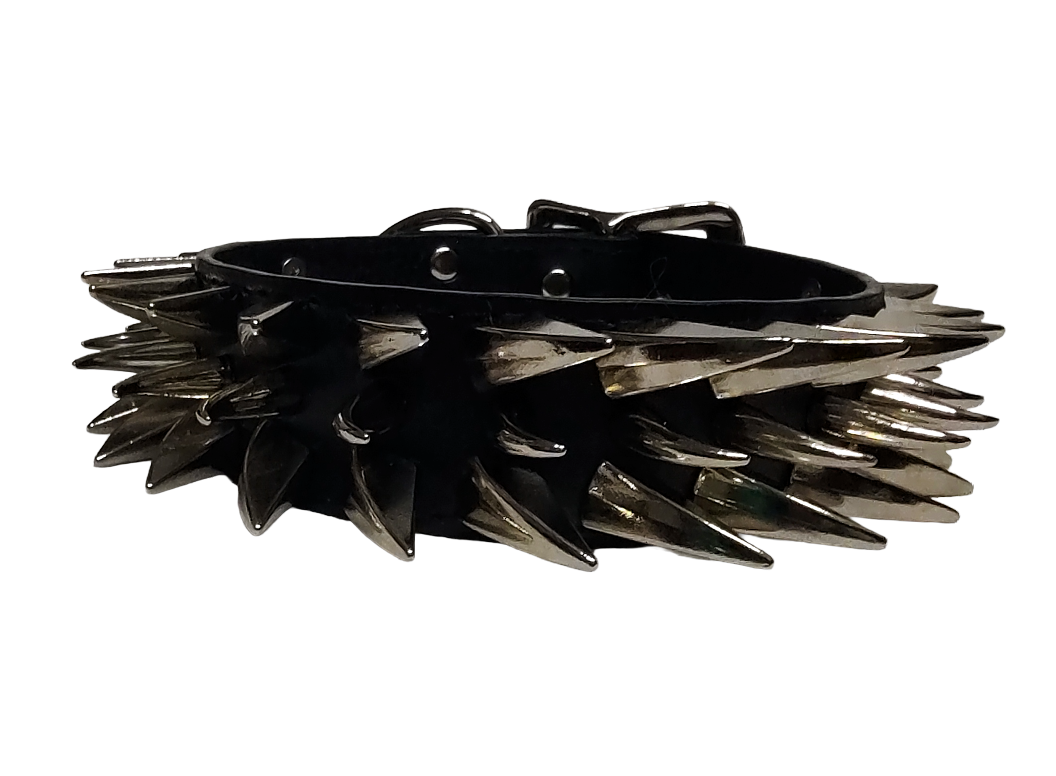 Black faux leather collar with two outer rows of dragon claw spikes and center row of cat claw spikes front center view