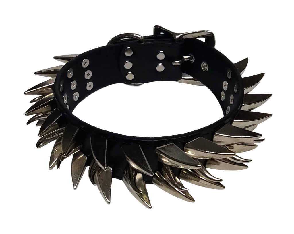 Black faux leather collar with two outer rows of dragon claw spikes and center row of cat claw spikes top view