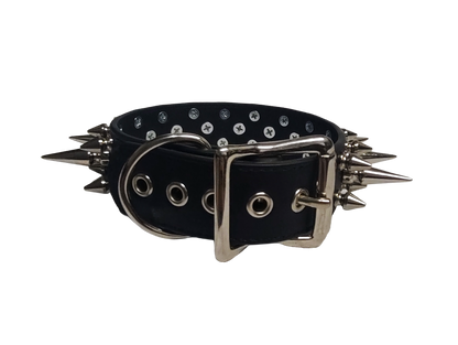 Wyvern Triple Spiked Collar - Black Faux Leather 3 Row Spike Choker Collar