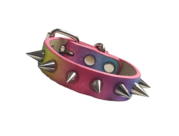 Rainbow single row spiked cuff bracelet front view