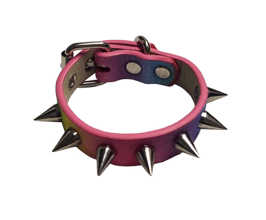 Rainbow single row spiked cuff bracelet top view
