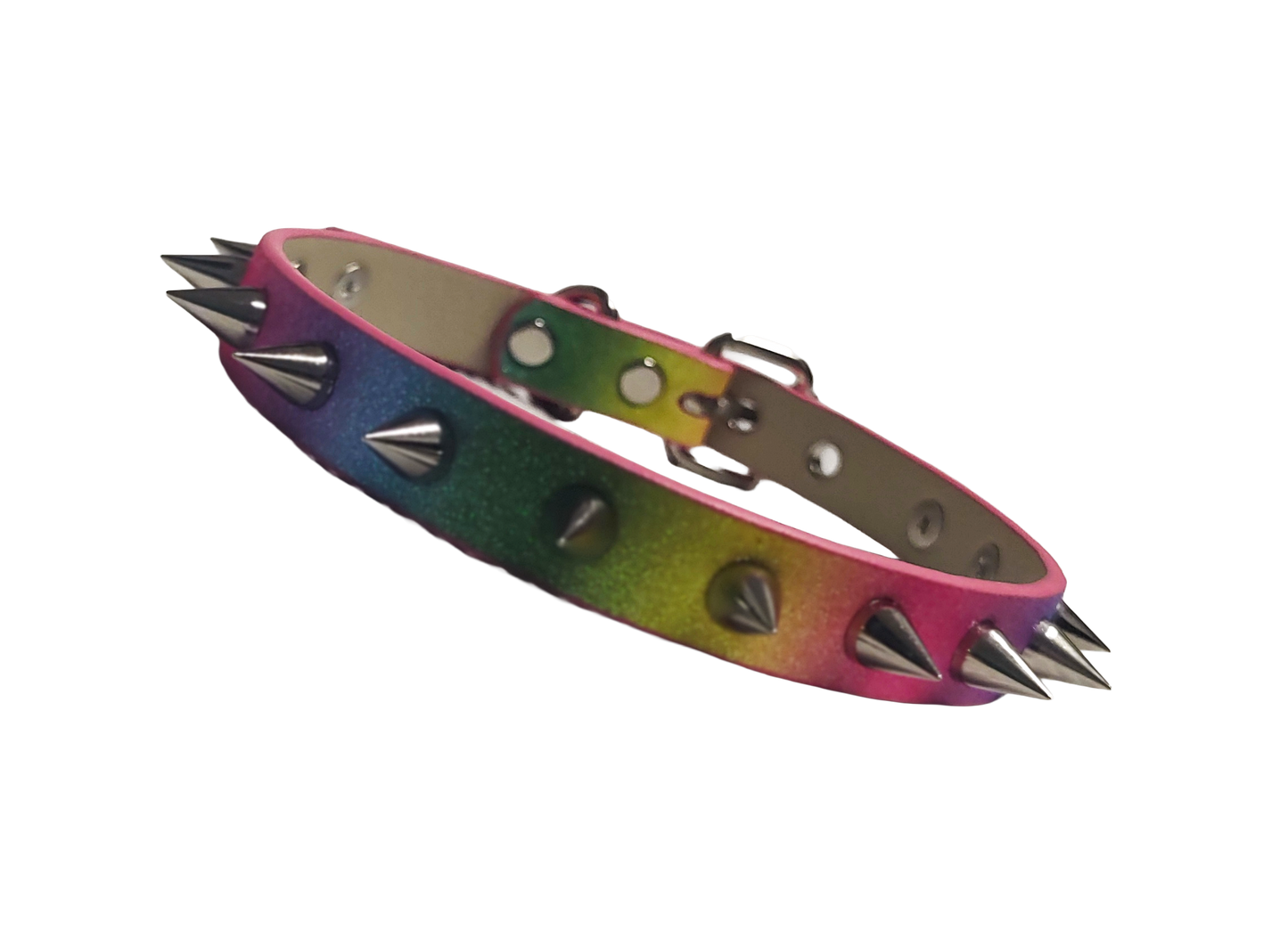 Rainbow single row spiked choker collar front view