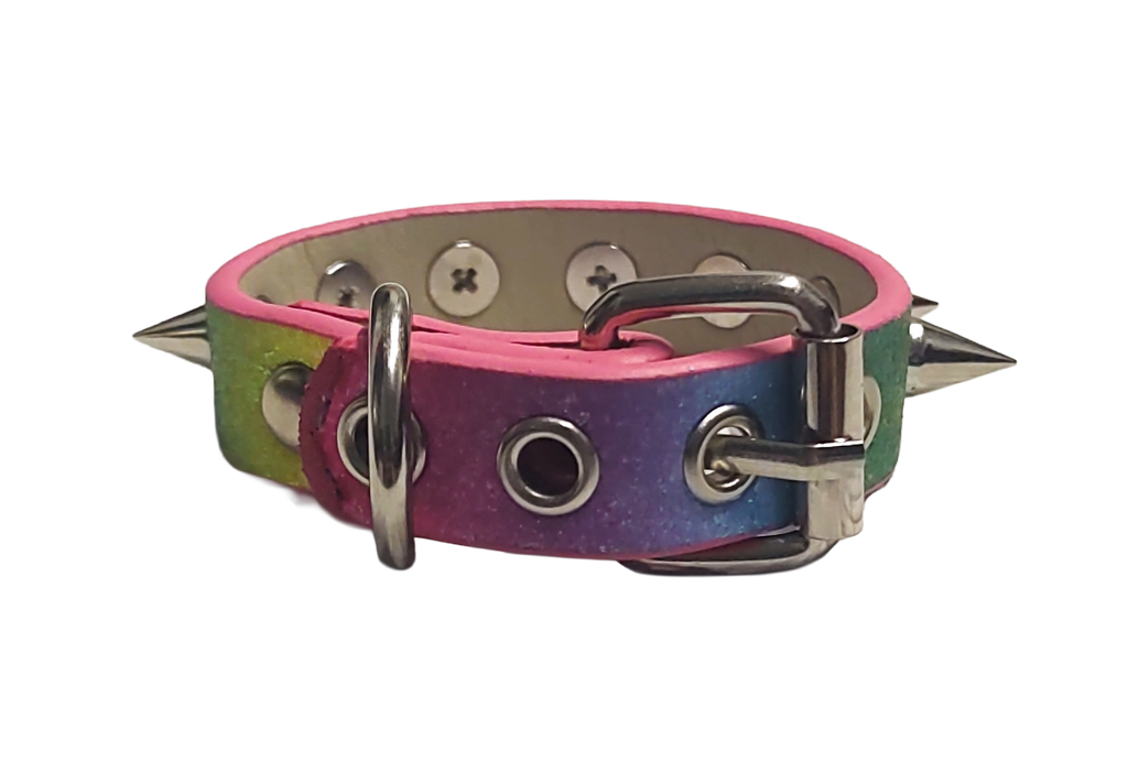 Rainbow single row spiked cuff bracelet back view