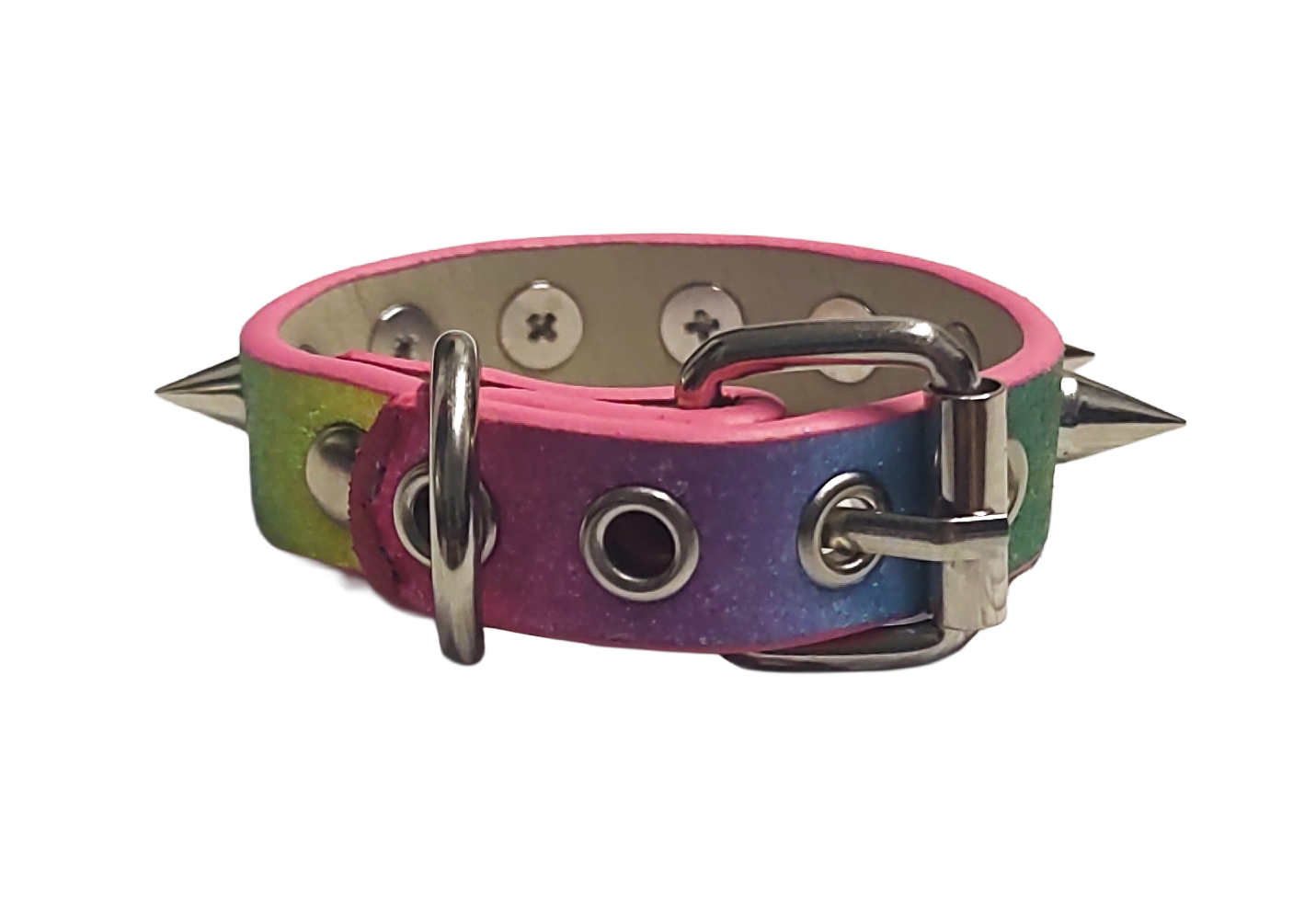 Rainbow single row spiked cuff bracelet back view