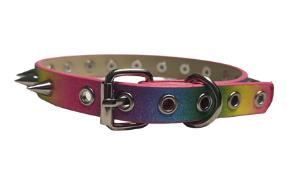 Rainbow single row spiked choker collar back view