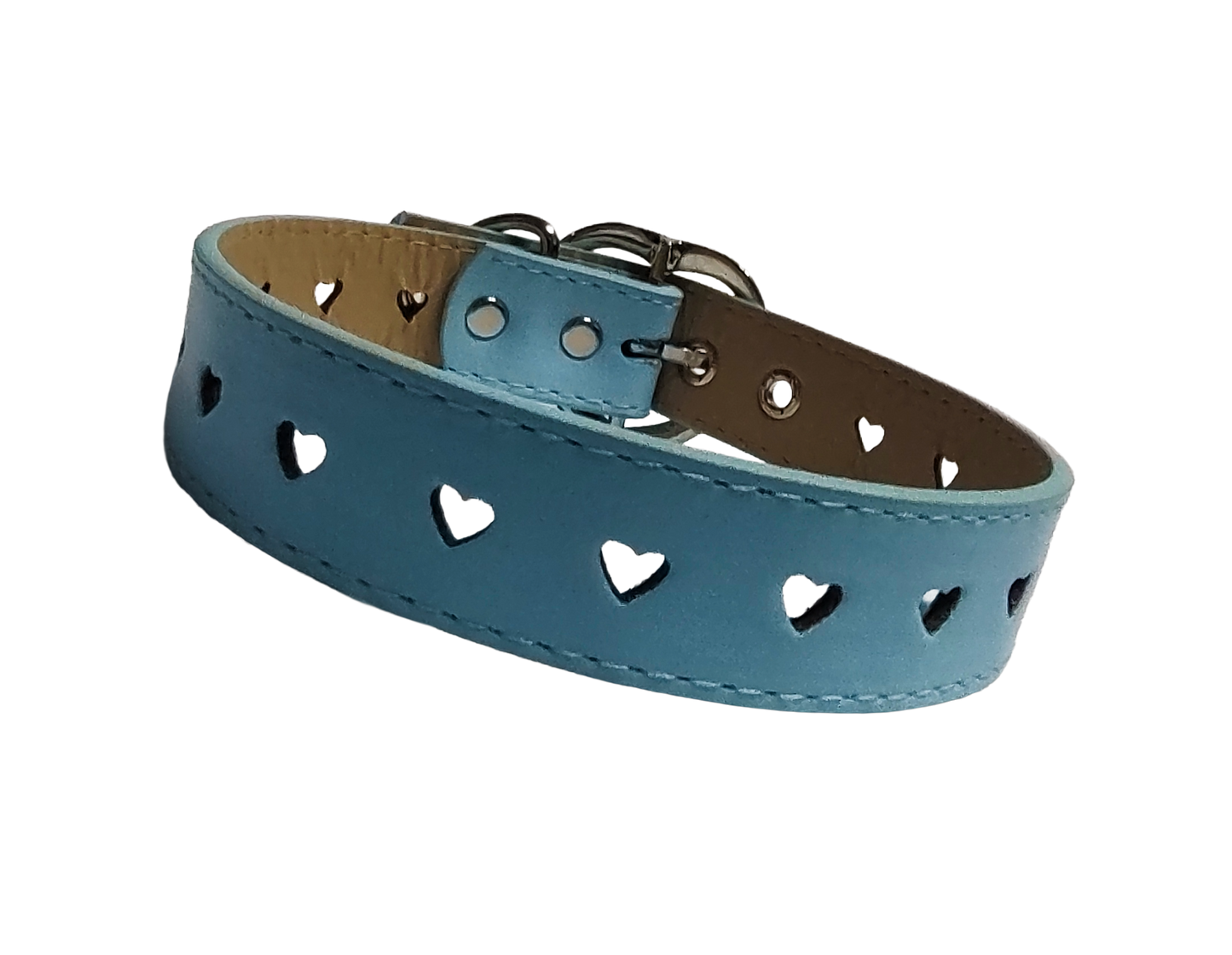 Light blue faux leather heart cut out collar with heart buckle front view