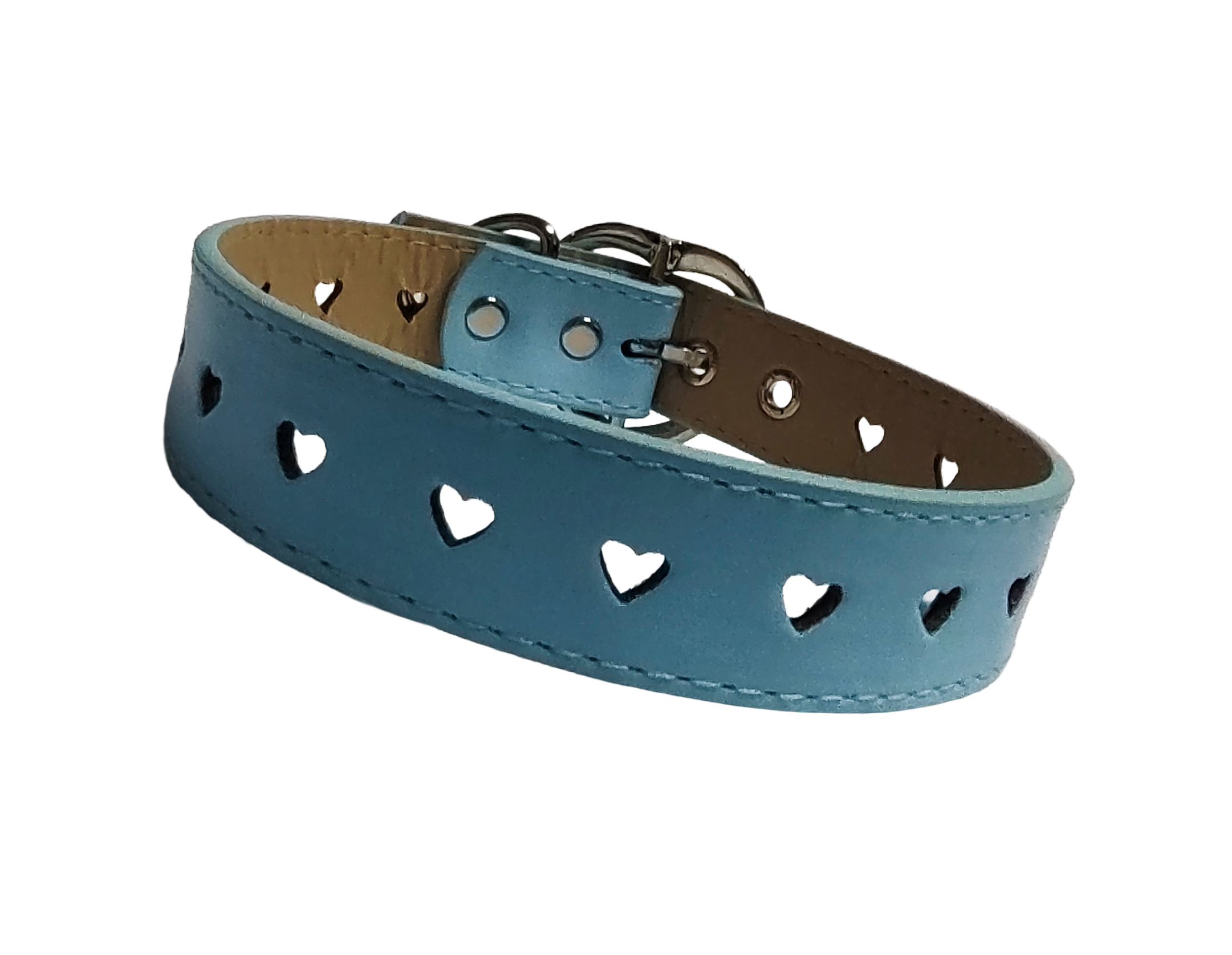 Light blue faux leather heart cut out collar with heart buckle front view