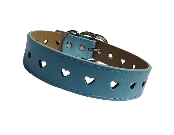 Light blue faux leather heart cut out collar with heart buckle front view
