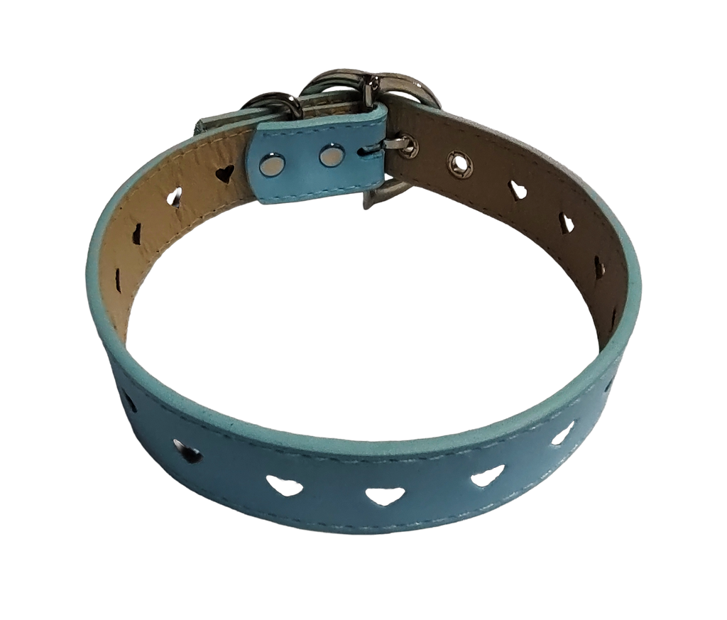 Light blue faux leather heart cut out collar with heart buckle top view