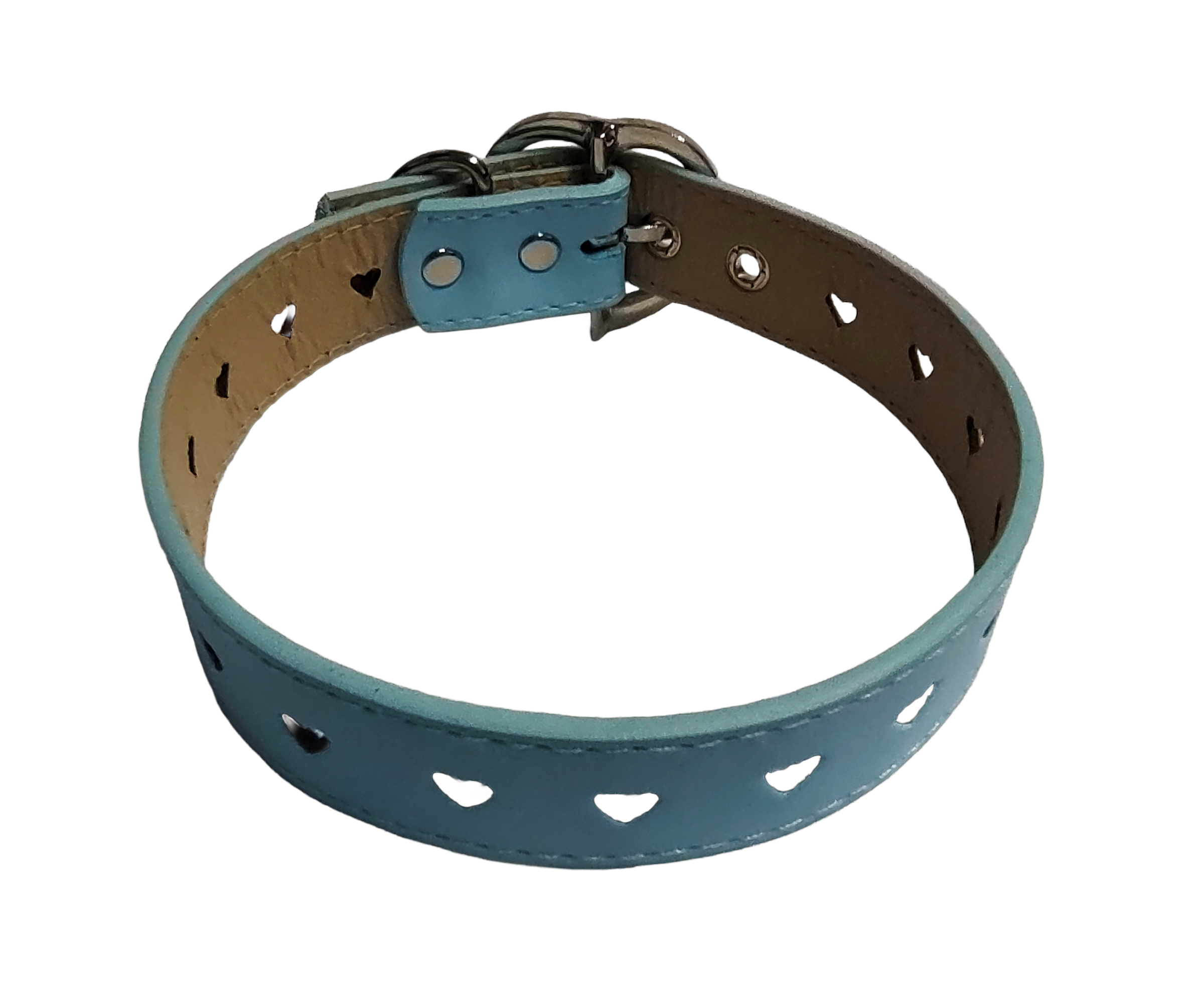 Light blue faux leather heart cut out collar with heart buckle top view