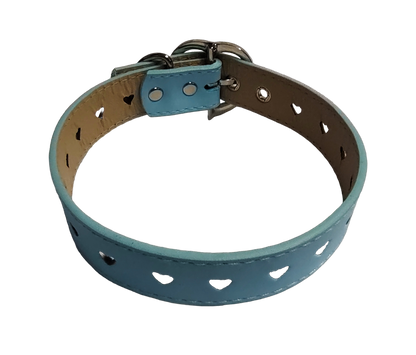 Light blue faux leather heart cut out collar with heart buckle top view