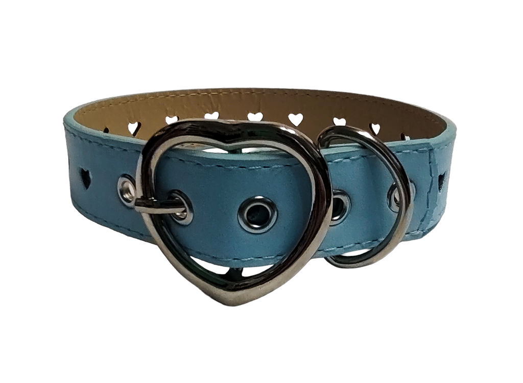 Light blue faux leather heart cut out collar with heart buckle back view