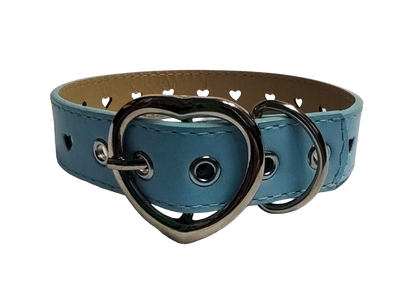 Light blue faux leather heart cut out collar with heart buckle back view