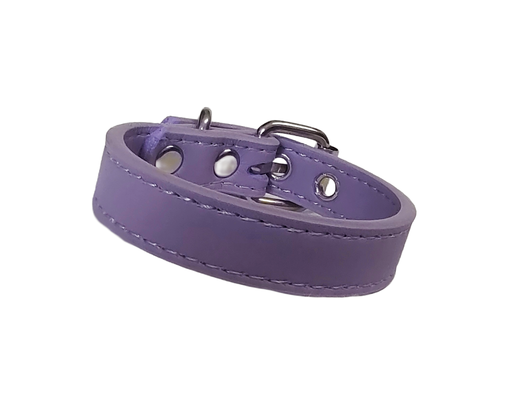 Pastel purple faux leather cuff bracelet with buckle and eyelets front view