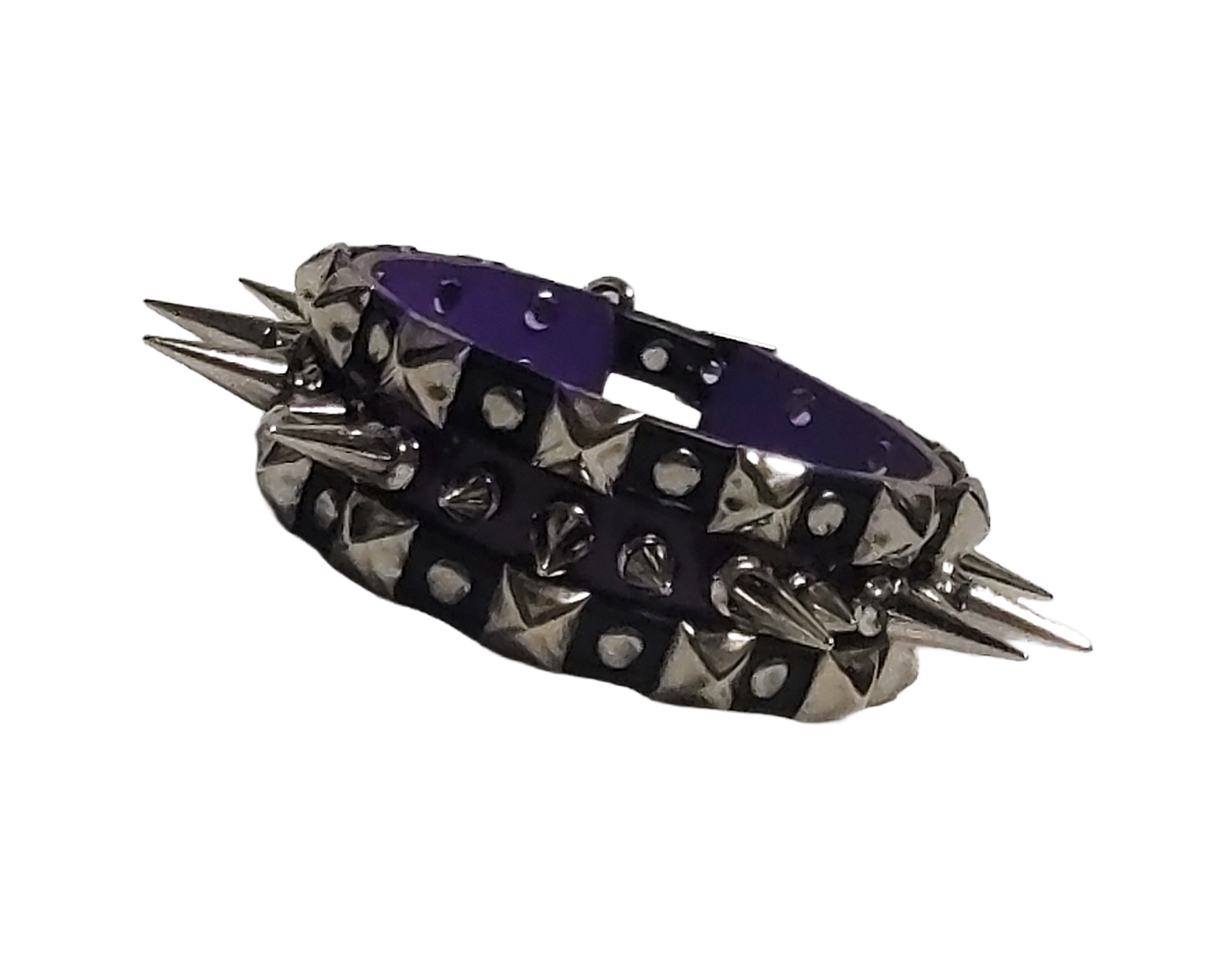 Black and purple faux leather collar with alternating spikes and pyramid studs front view
