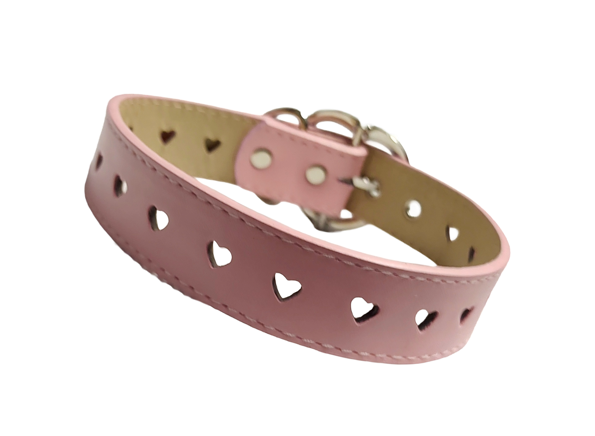 Pink faux leather collar with heart cut outs and heart shaped buckle front view