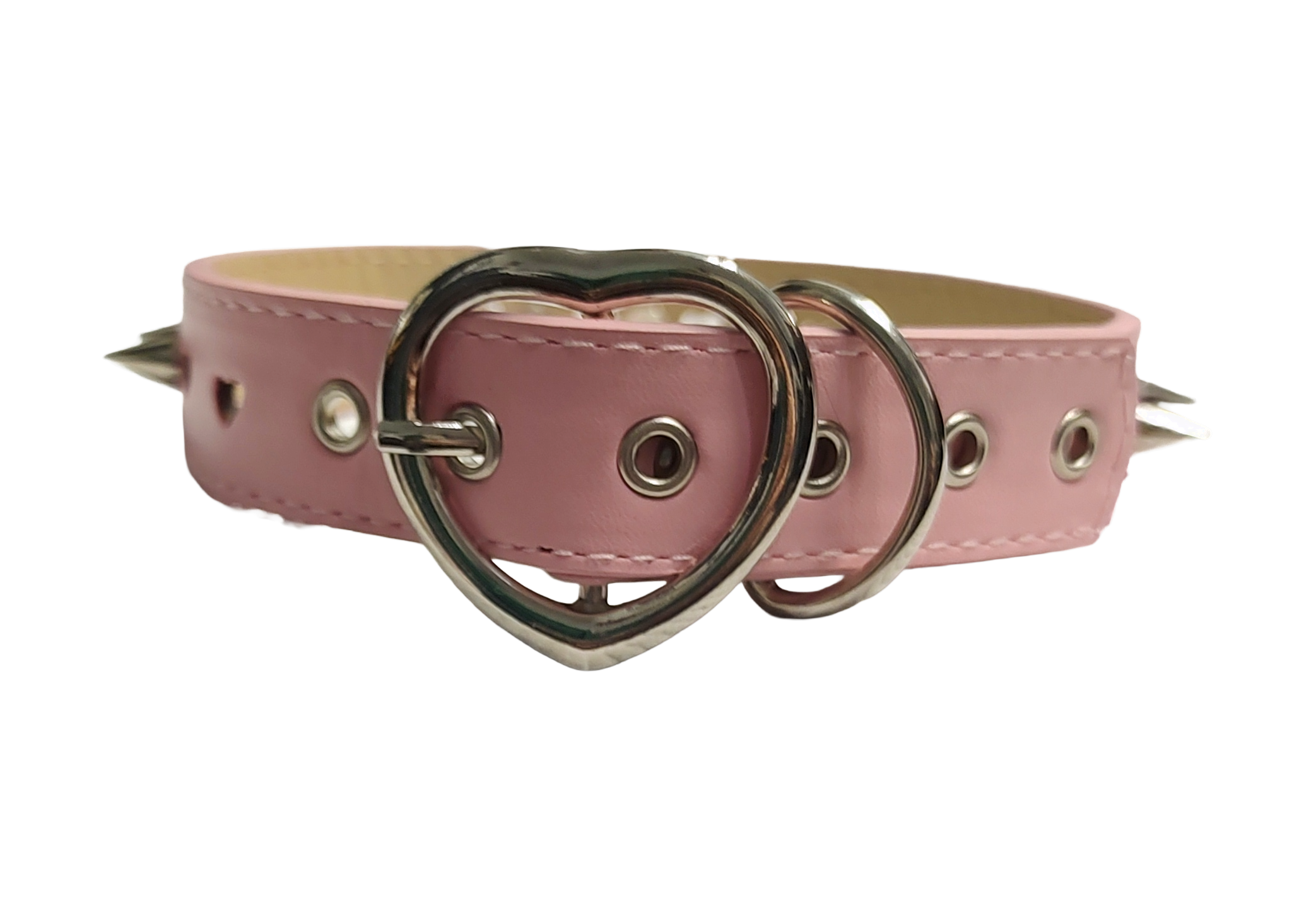 Pastel pink faux leather heart cut out collar with cone spikes and heart buckle back view