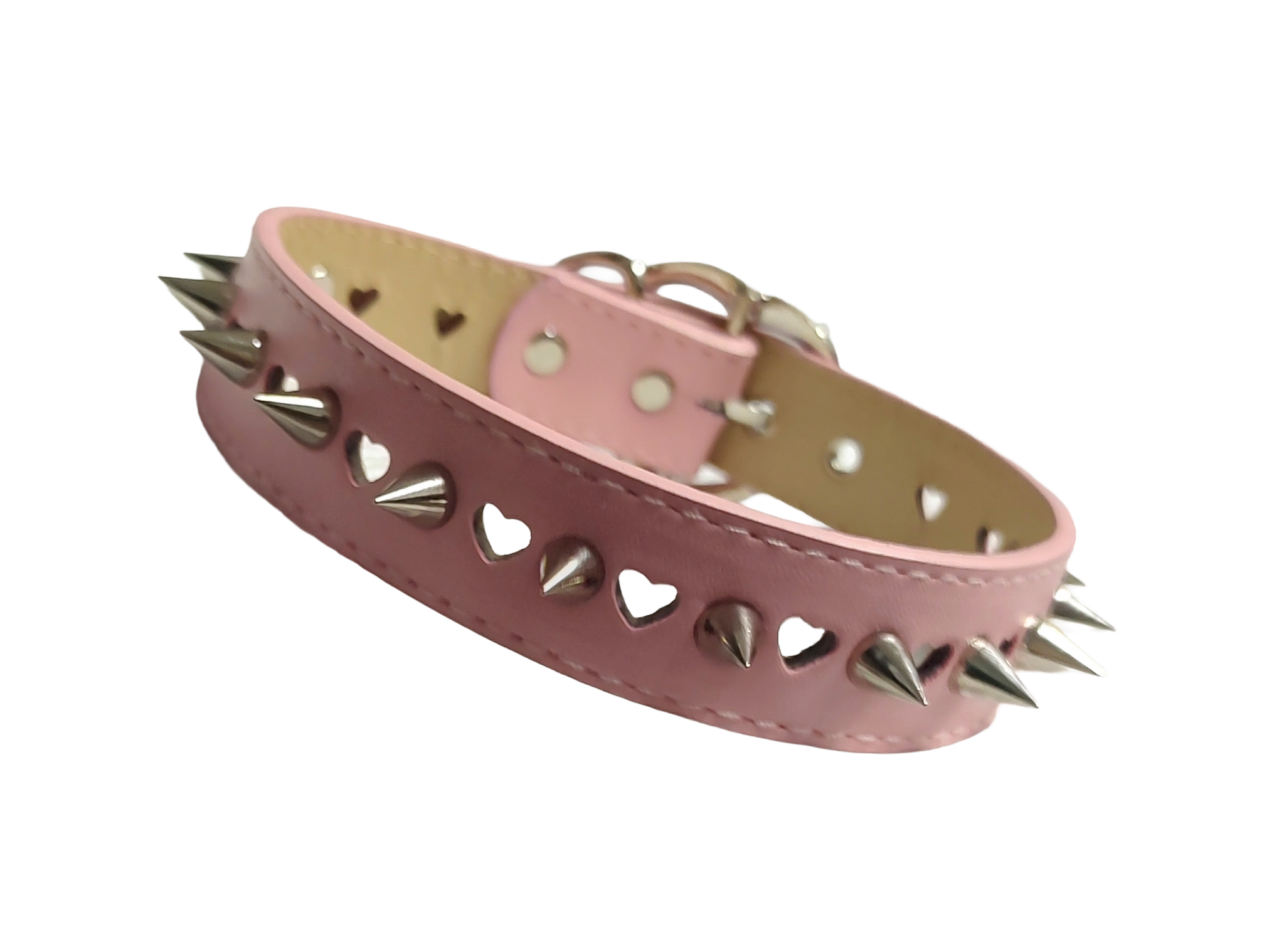 Pastel pink faux leather heart cut out collar with cone spikes and heart buckle front view