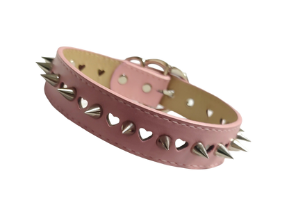 Pastel pink faux leather heart cut out collar with cone spikes and heart buckle front view